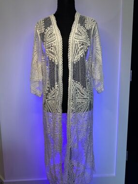 Cream Embroidered Sheer Lace Duster Kimono Cover-Up